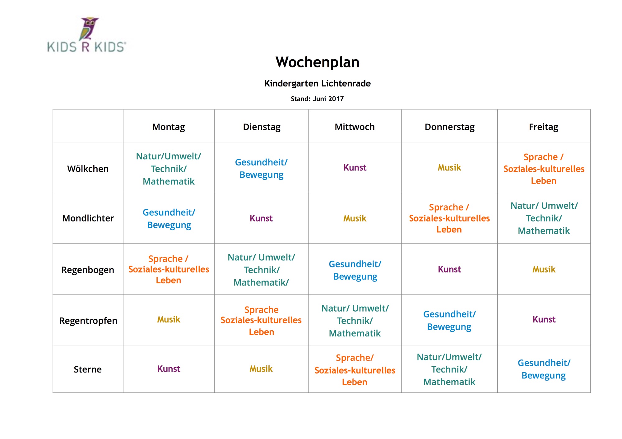 kids-r-kids-KiTa und Krippe-Wochenplan fuer bilinguale Kindertagesstaette